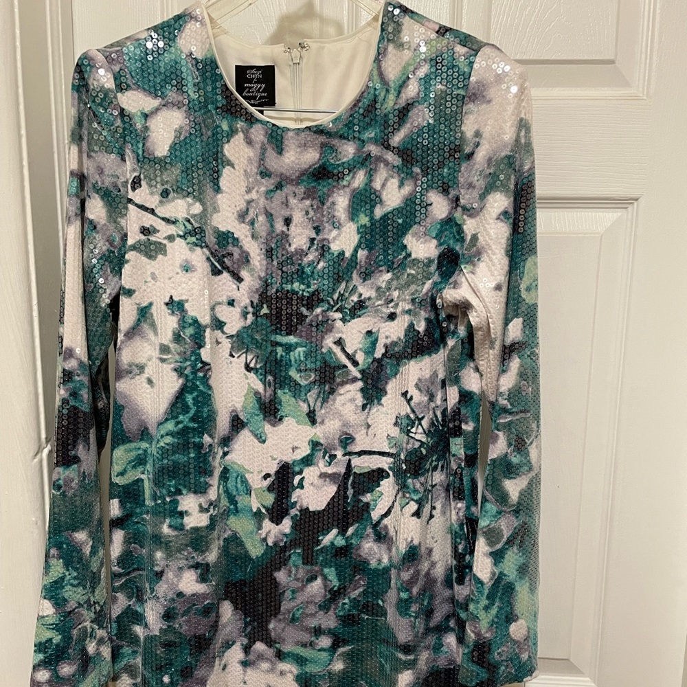 Teal, white & gray sequin dress
